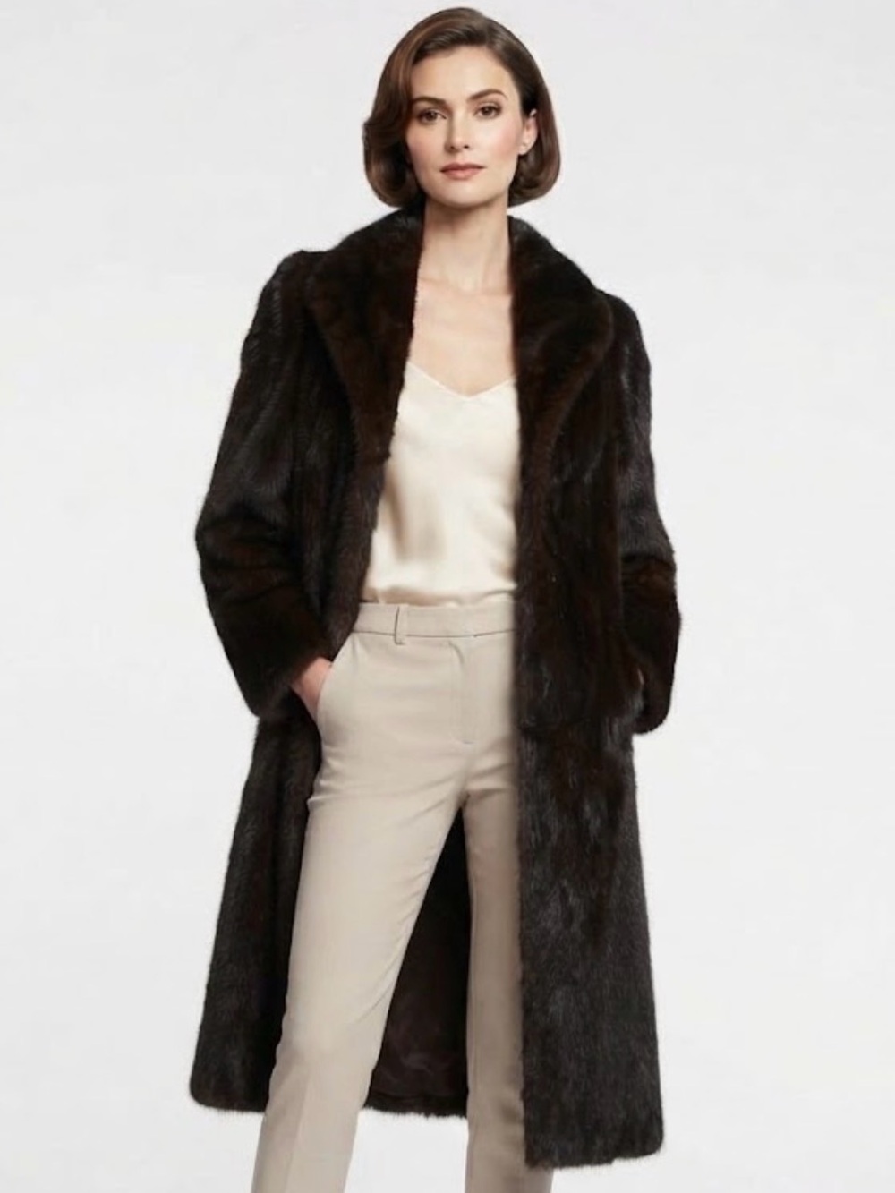 Vintage True Dark Brown Mink Fur Long Coat Full Length Jacket Embroidered Lining